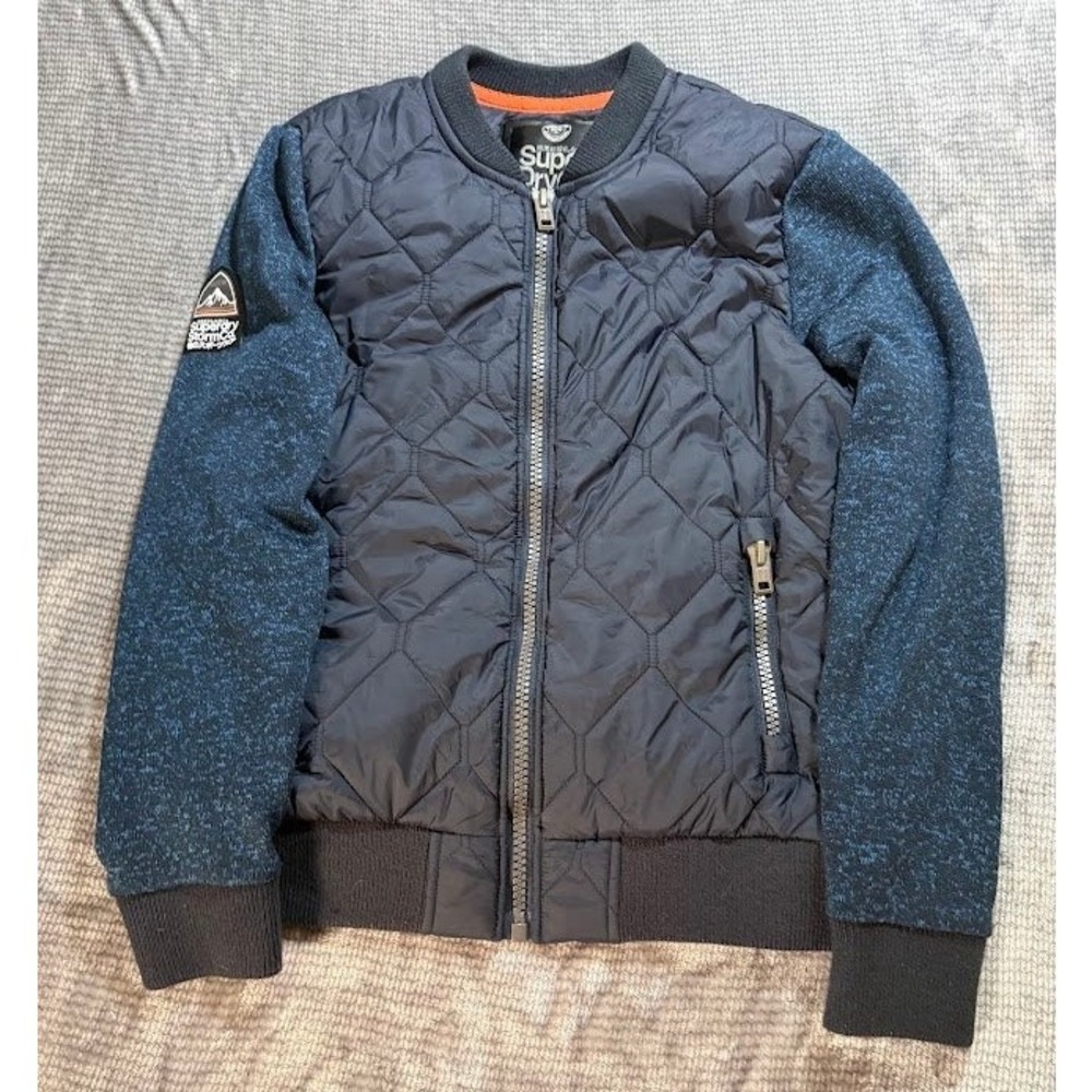 Superdry Storm Co Mens Quilted Hybrid Jacket Navy Blue Knit Sleeve Large.